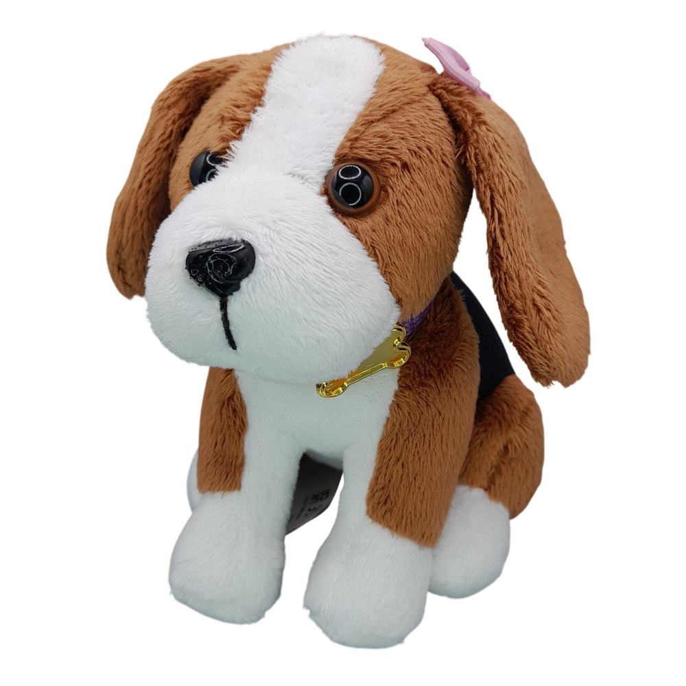Our Generation Beagle Dog Plush 6in Brown White Black Purple Collar Pink Bow